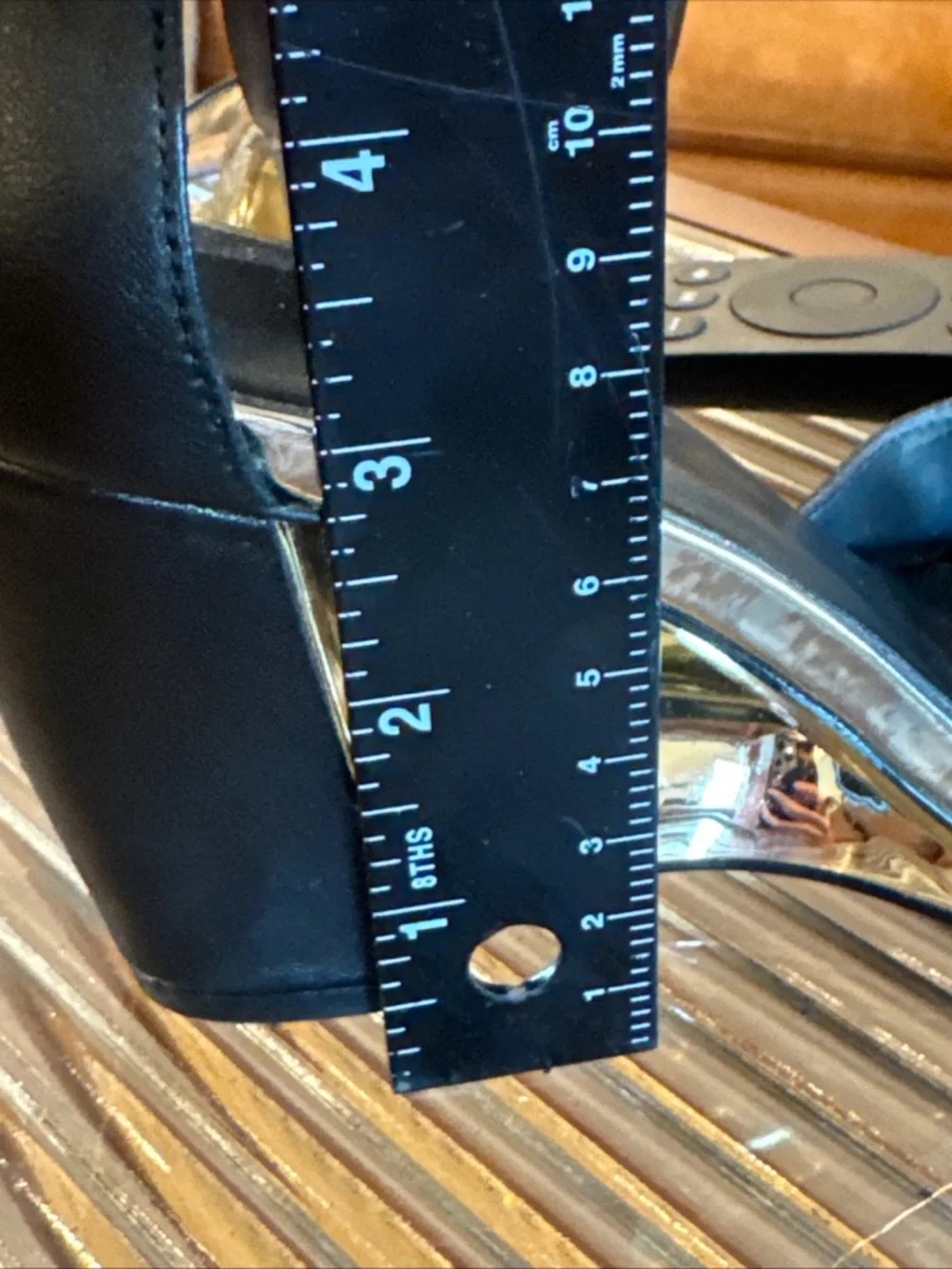 Vaneli Black Leather Open-Toe Block Heels with Gold Accent - Picture 6 of 6